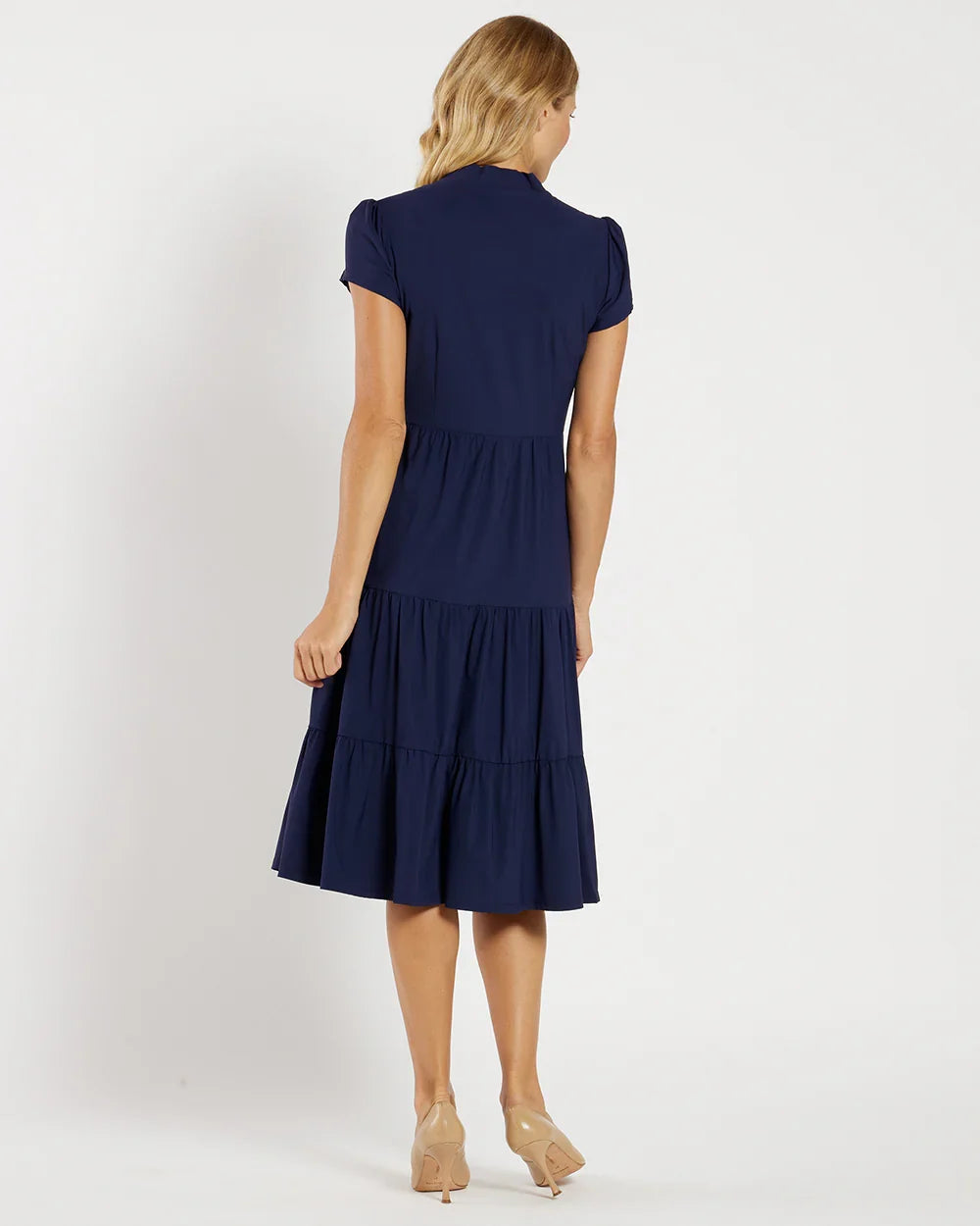 V-Neck Puff Short Sleeve Tiered Flounce Midi Dress