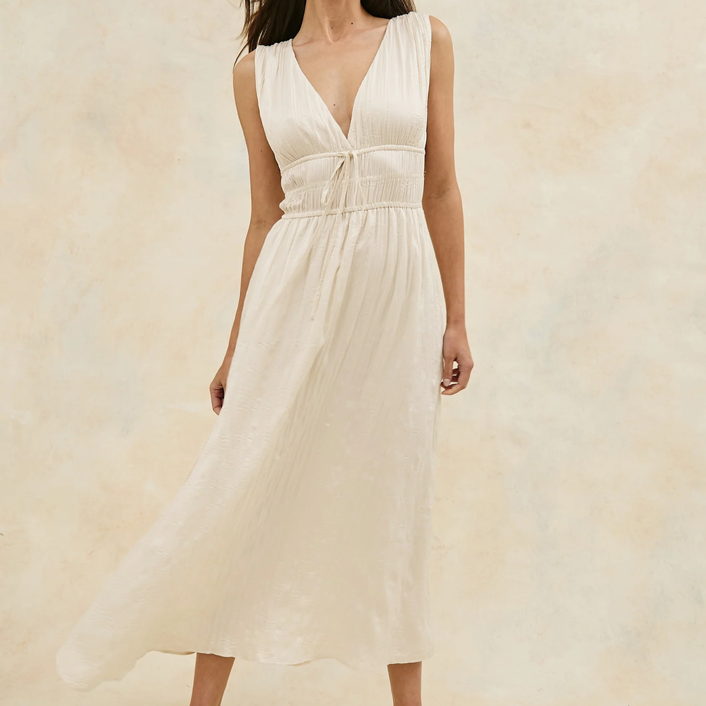 Deep V Wide Strap Smocked Waist Flowy Crepe Midi Dress