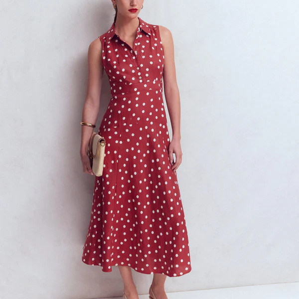 Sleeveless Polka Dot Collared Fit And Flare Maxi Dress