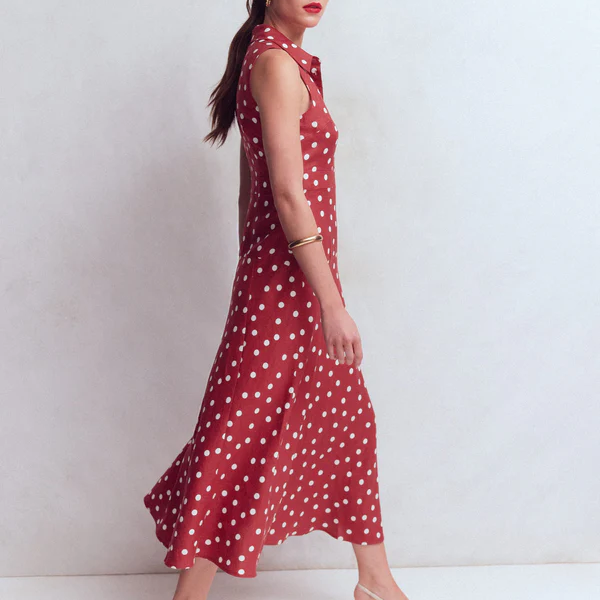 Sleeveless Polka Dot Collared Fit And Flare Maxi Dress