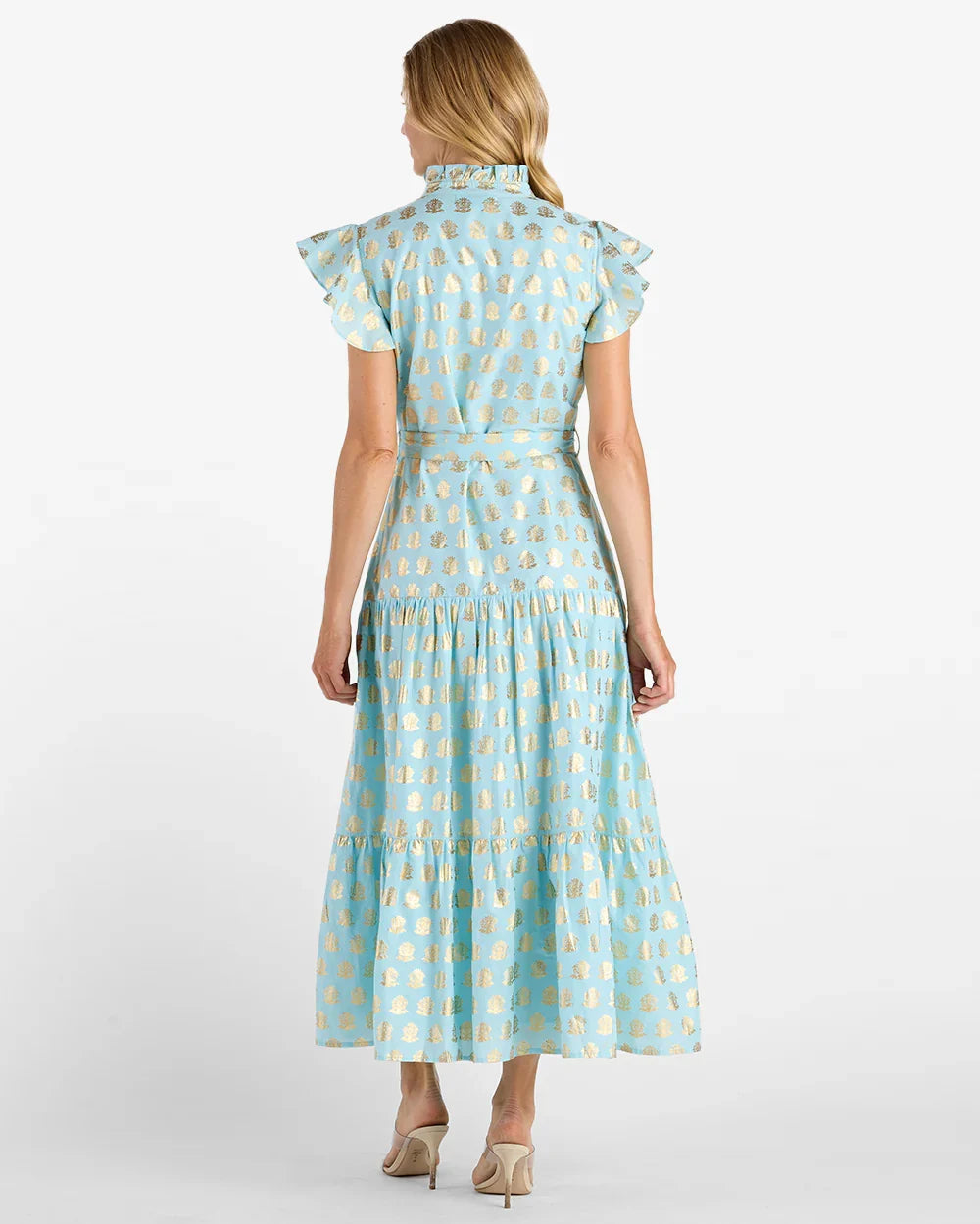 Hand Printed Gold Motif Ruffle Sleeve Belted Tiered Maxi Dress