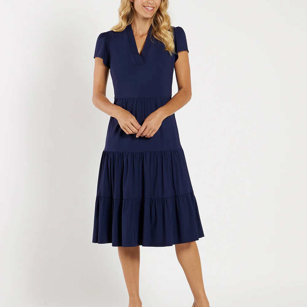 V-Neck Puff Short Sleeve Tiered Flounce Midi Dress