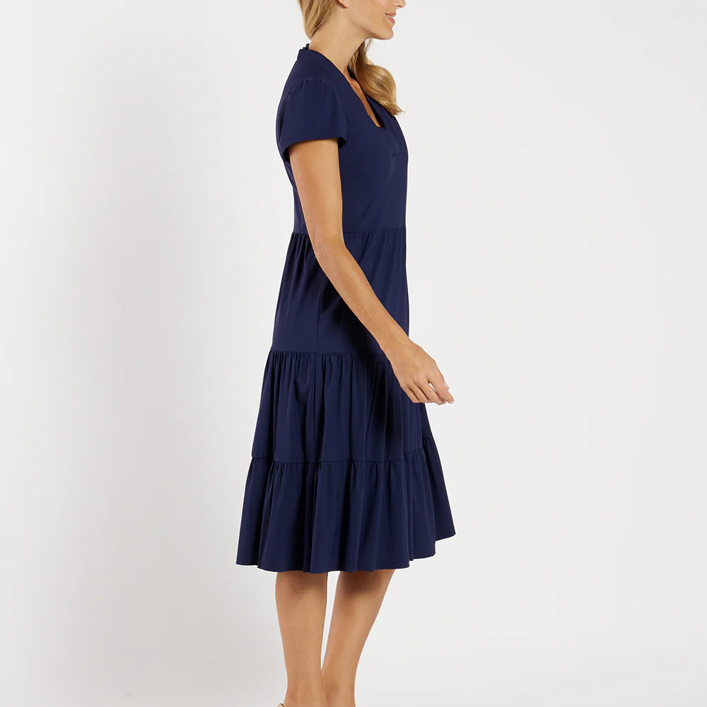 V-Neck Puff Short Sleeve Tiered Flounce Midi Dress