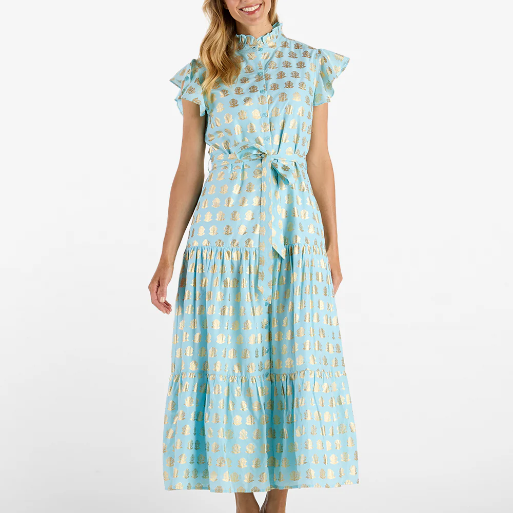 Hand Printed Gold Motif Ruffle Sleeve Belted Tiered Maxi Dress