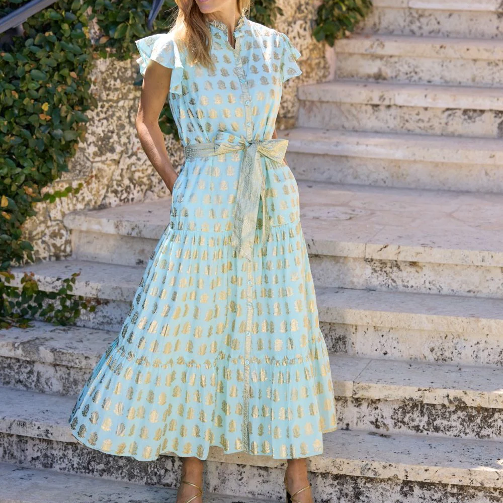 Hand Printed Gold Motif Ruffle Sleeve Belted Tiered Maxi Dress