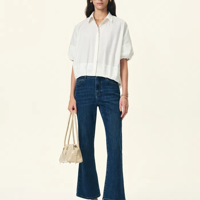 Drop Shoulder Puff Sleeve High Low Bubble Hem Button Down Shirt