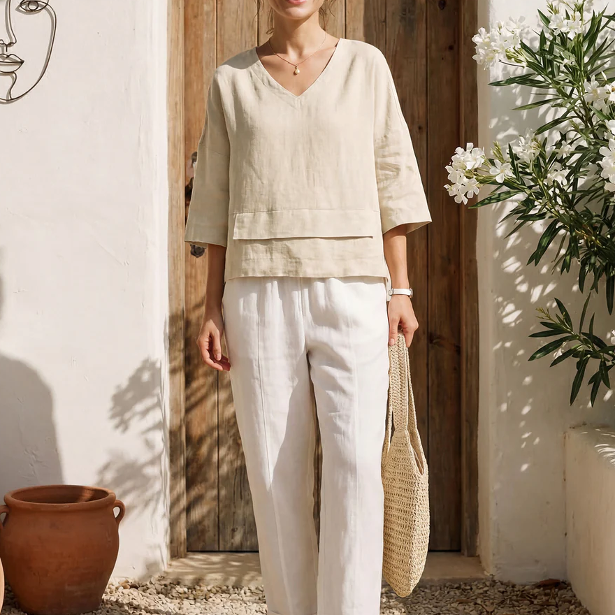 Asymmetric Layered Drop Shoulder Linen V Neck Top