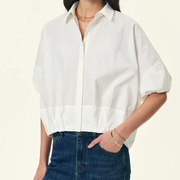 Drop Shoulder Puff Sleeve High Low Bubble Hem Button Down Shirt