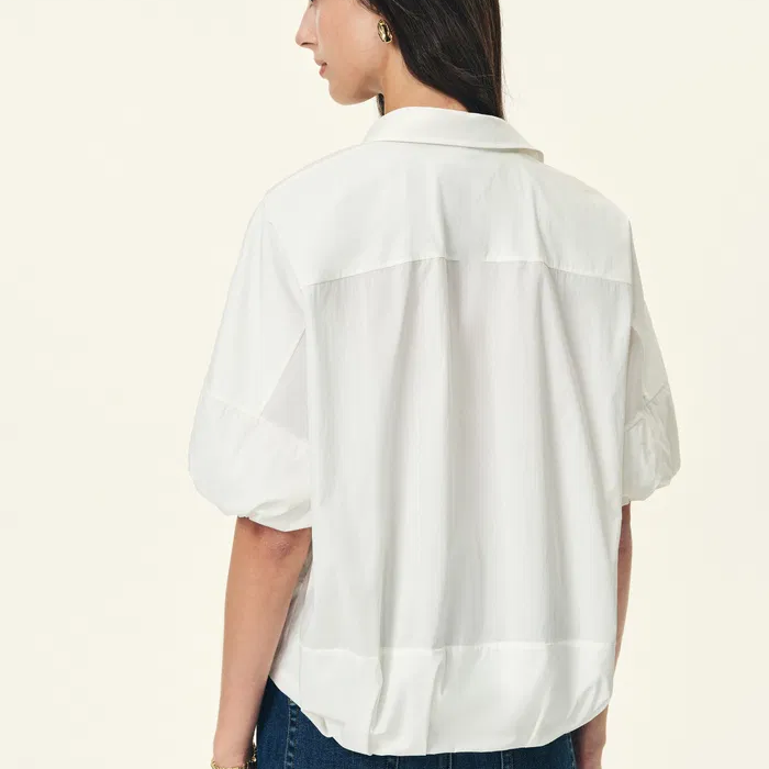 Drop Shoulder Puff Sleeve High Low Bubble Hem Button Down Shirt