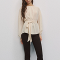 High Neck Puff Sleeve Belted Waist Peplum Blouse