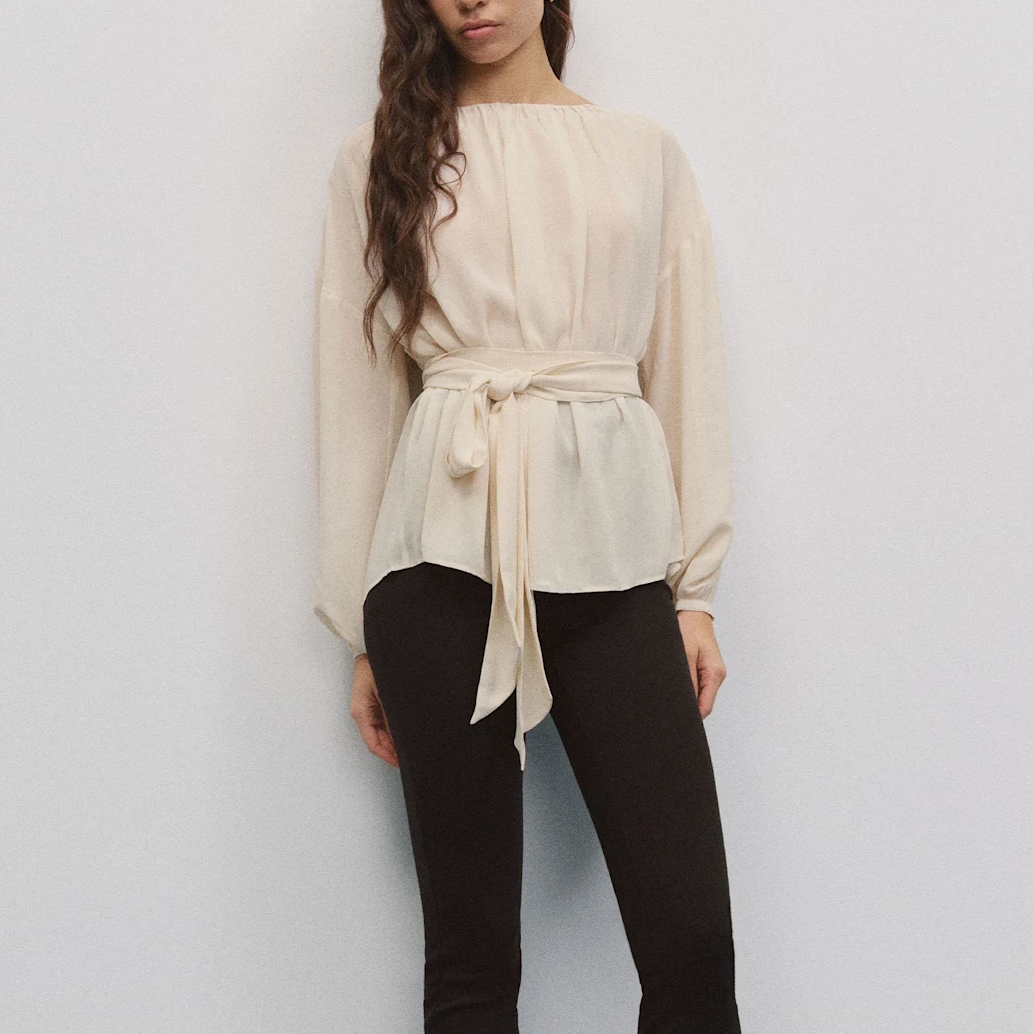 High Neck Puff Sleeve Belted Waist Peplum Blouse