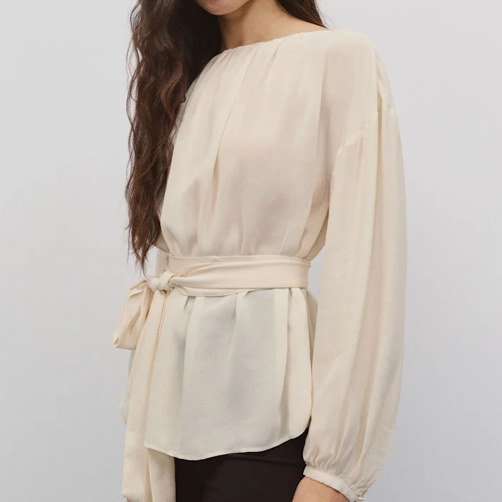 High Neck Puff Sleeve Belted Waist Peplum Blouse