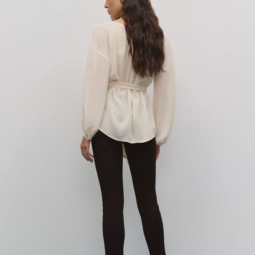 High Neck Puff Sleeve Belted Waist Peplum Blouse