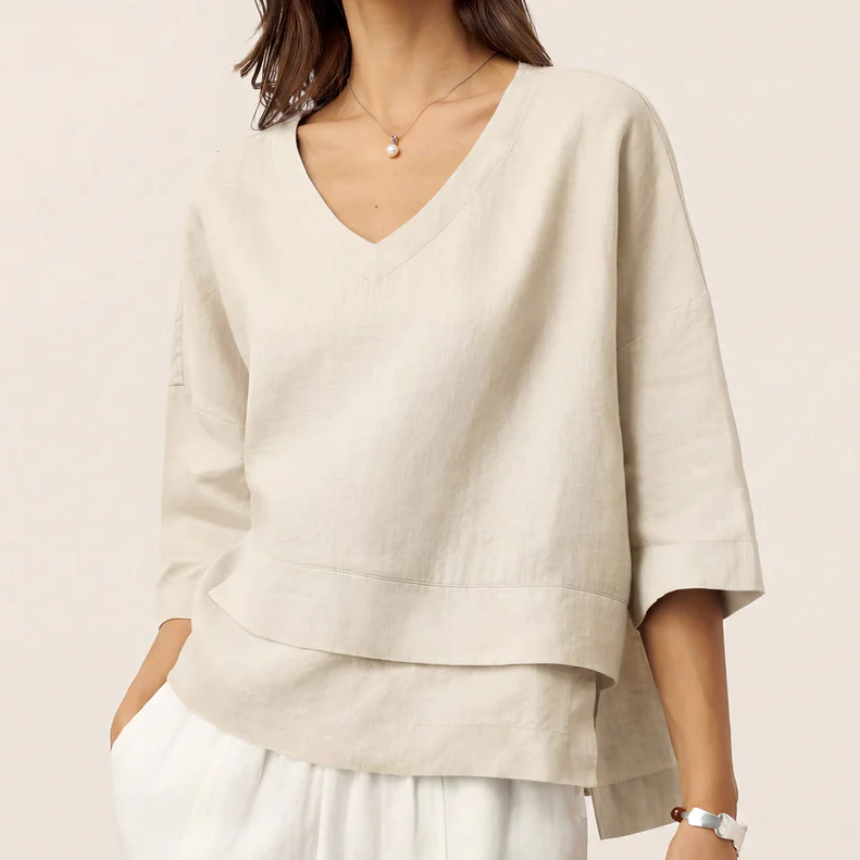 Asymmetric Layered Drop Shoulder Linen V Neck Top