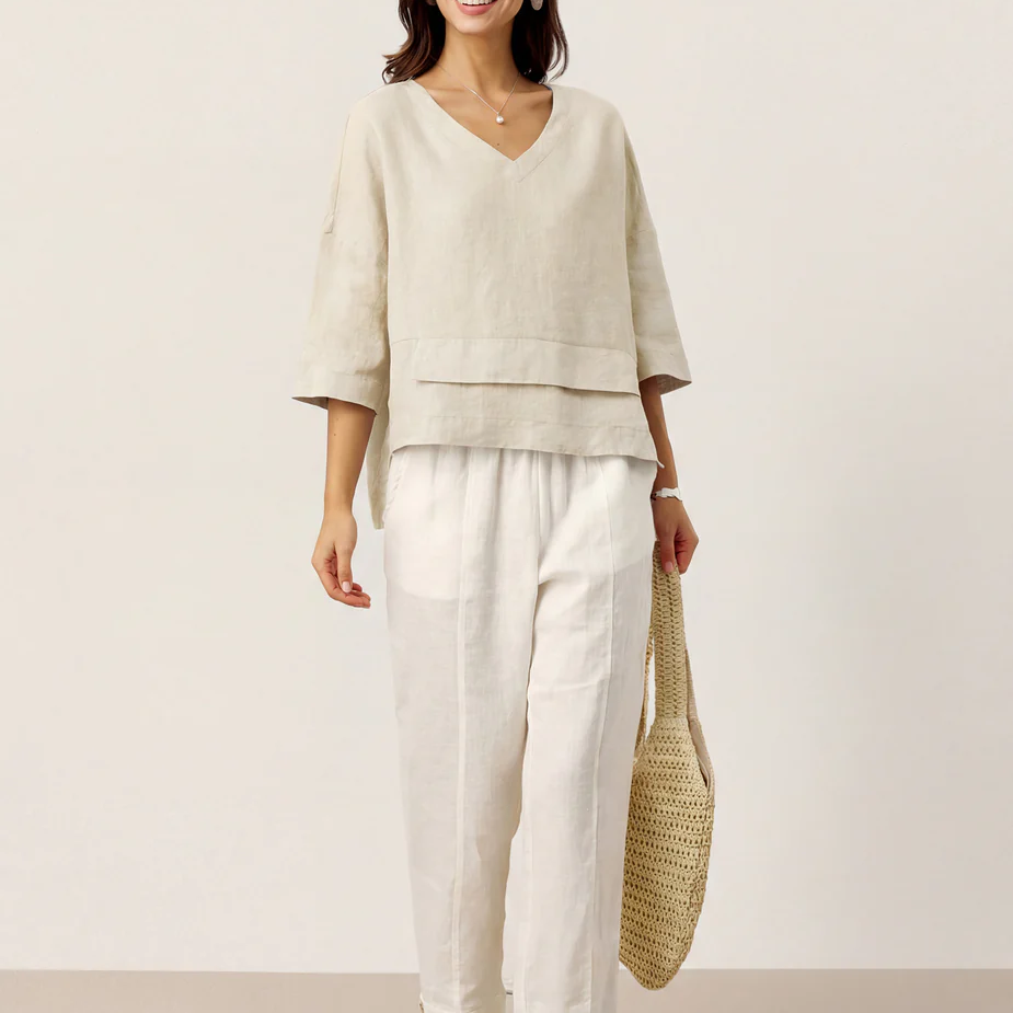 Asymmetric Layered Drop Shoulder Linen V Neck Top