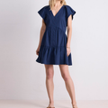V-Neck Flutter Sleeve Tiered A-Line Seersucker Mini Dress