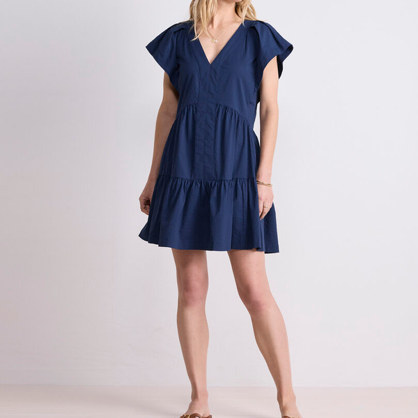 V-Neck Flutter Sleeve Tiered A-Line Seersucker Mini Dress