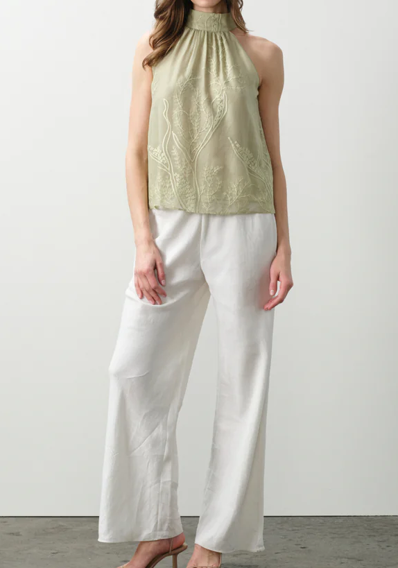 Floral Vine Embroidered Silk Chiffon Halter Sleeveless Top