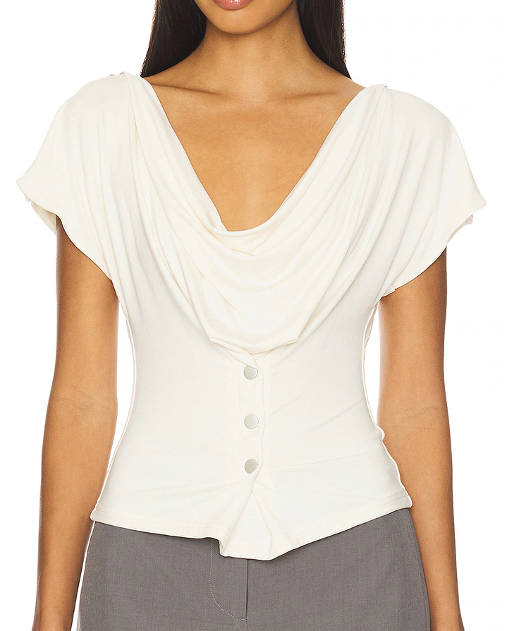 Draped Cowl Neck Cap Sleeve Button Front Fitted Top