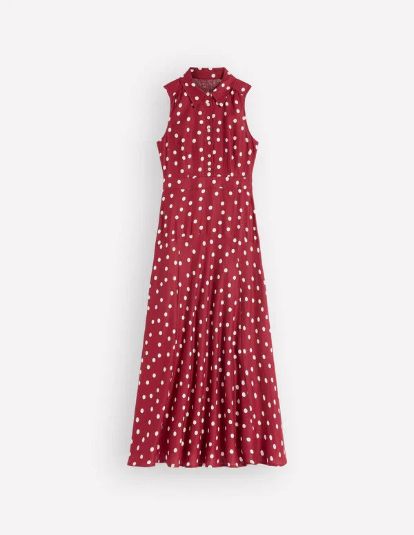 Sleeveless Polka Dot Collared Fit And Flare Maxi Dress
