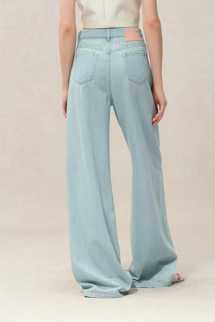 High Rise Front Pleat Light Wash Lyocell Blend Wide Leg Jeans