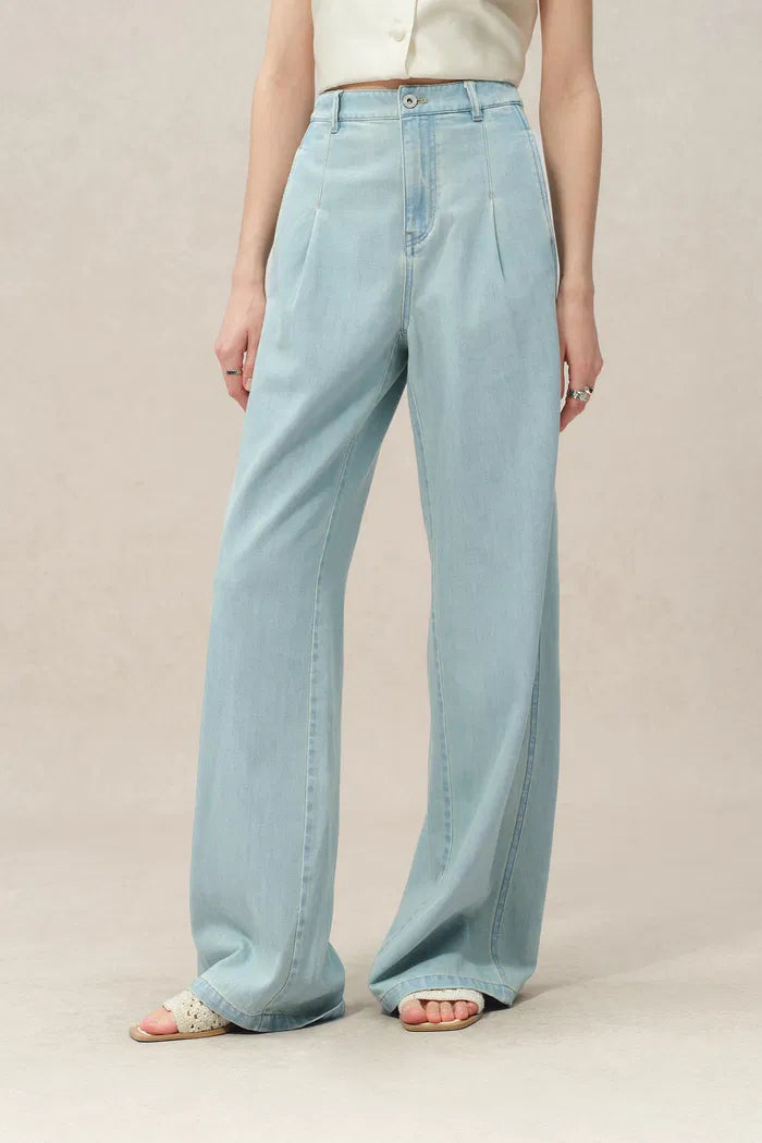 High Rise Front Pleat Light Wash Lyocell Blend Wide Leg Jeans