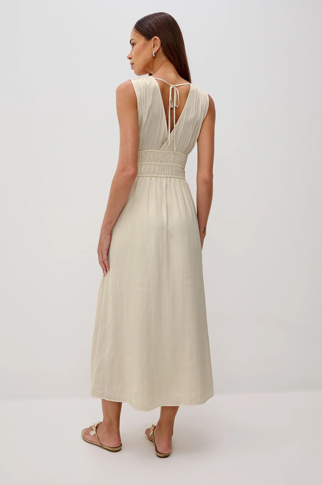 Deep V Wide Strap Smocked Waist Flowy Crepe Midi Dress