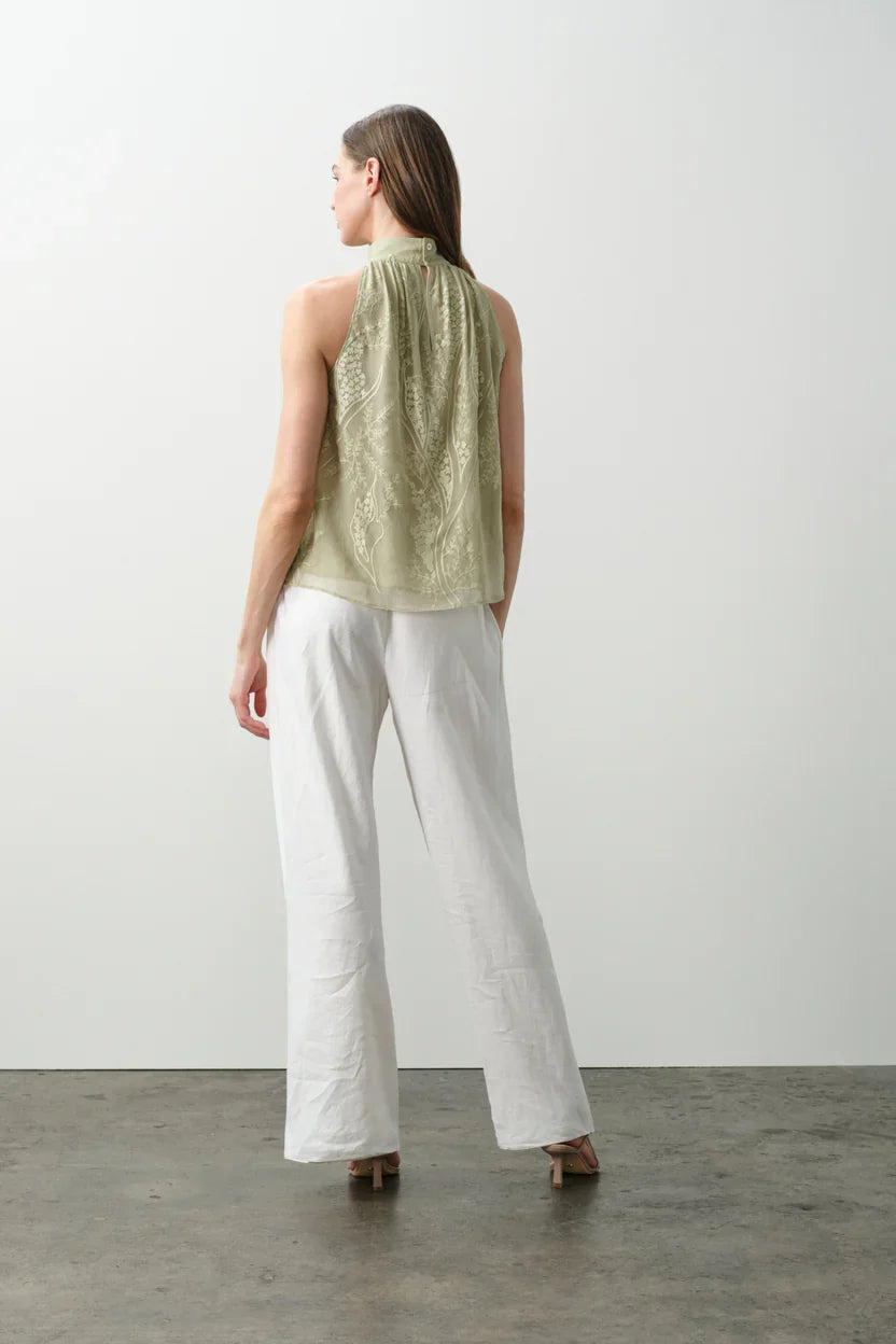 Floral Vine Embroidered Silk Chiffon Halter Sleeveless Top
