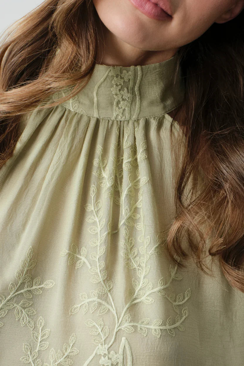 Floral Vine Embroidered Silk Chiffon Halter Sleeveless Top