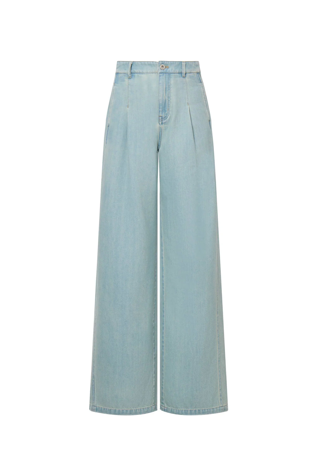 High Rise Front Pleat Light Wash Lyocell Blend Wide Leg Jeans