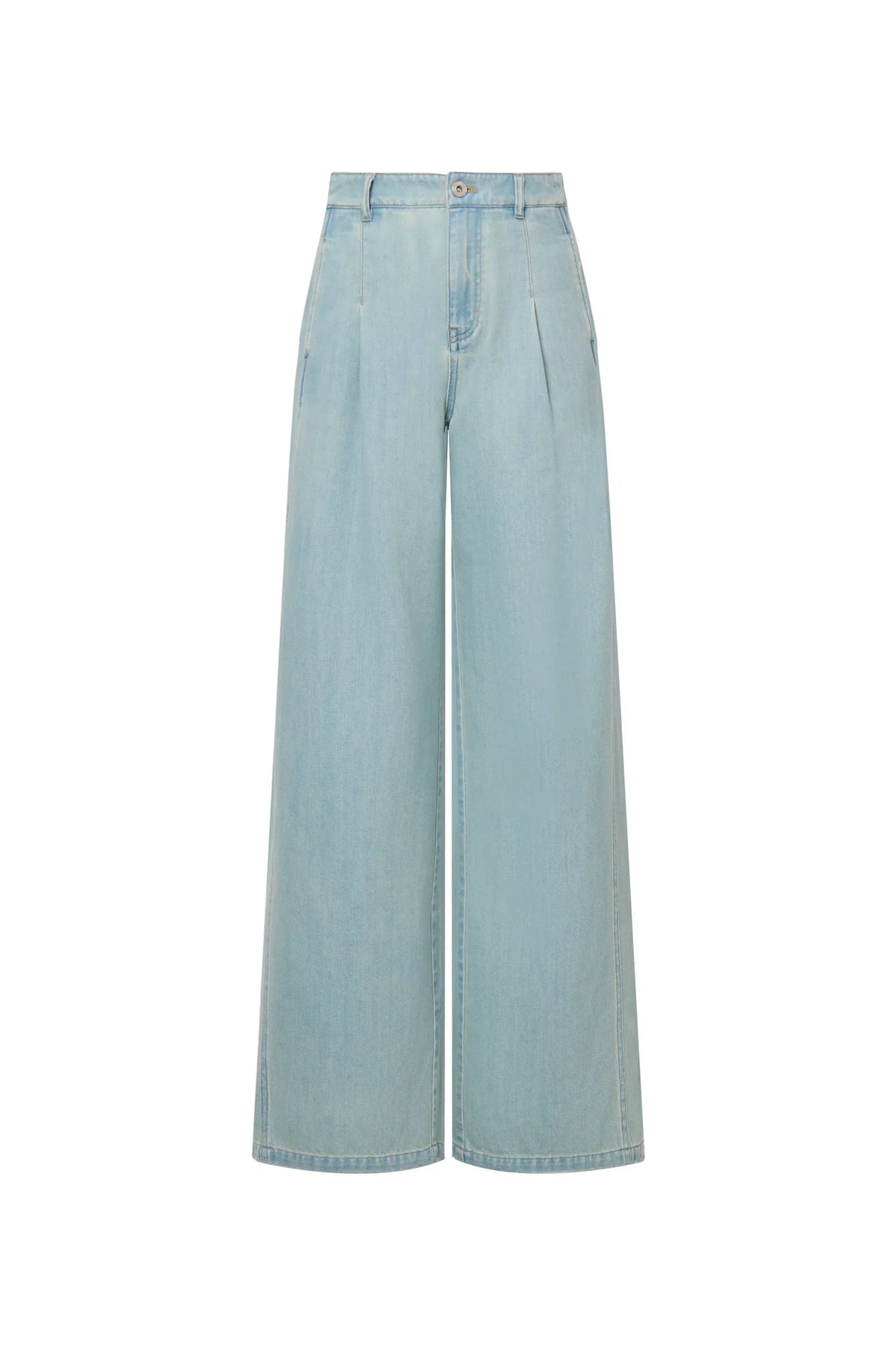 High Rise Front Pleat Light Wash Lyocell Blend Wide Leg Jeans
