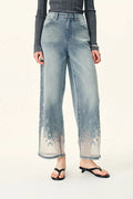 Light Wash Floral Burnout Mesh Hem Wide Leg Jeans